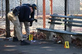 Evidence Markers At Scene Where A 21-year-old Man Was Fatally Stabbed At Steuben Park In Brooklyn New York