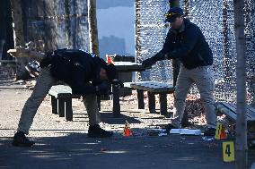 Evidence Markers At Scene Where A 21-year-old Man Was Fatally Stabbed At Steuben Park In Brooklyn New York