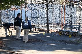 Evidence Markers At Scene Where A 21-year-old Man Was Fatally Stabbed At Steuben Park In Brooklyn New York