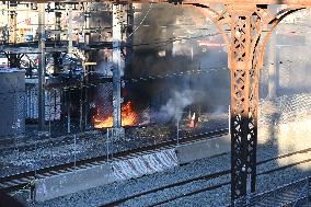 Large Fire And Transformer Explosion At ConEdison Substation And Train Tracks In Bronx New York