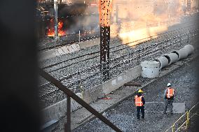 Large Fire And Transformer Explosion At ConEdison Substation And Train Tracks In Bronx New York