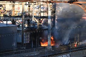 Large Fire And Transformer Explosion At ConEdison Substation And Train Tracks In Bronx New York