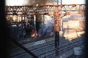 Large Fire And Transformer Explosion At ConEdison Substation And Train Tracks In Bronx New York