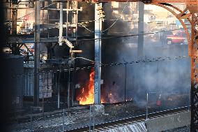 Large Fire And Transformer Explosion At ConEdison Substation And Train Tracks In Bronx New York