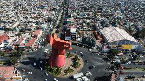 Aerial View Of  Monument  Of "El Coyote" In Nezahualcoyotl