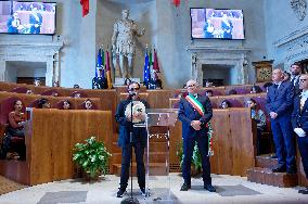 The Mayor Of Rome Roberto Gualtieri Delivers The Capitoline Wolf To Italian Singer-songwriter Antonello Venditti In The Giulio C