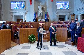 The Mayor Of Rome Roberto Gualtieri Delivers The Capitoline Wolf To Italian Singer-songwriter Antonello Venditti In The Giulio C