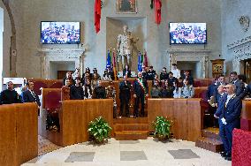 The Mayor Of Rome Roberto Gualtieri Delivers The Capitoline Wolf To Italian Singer-songwriter Antonello Venditti In The Giulio C