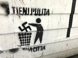 Anti-Nazi Graffiti On A Trash Bin In Central Bari