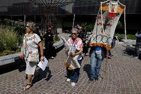 Residents Of The Town Of Xoco In Coyoacán, Mexico City, Protest Outside The Mitikah Shopping Mall