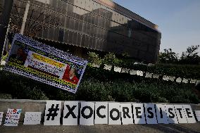 Residents Of The Town Of Xoco In Coyoacán, Mexico City, Protest Outside The Mitikah Shopping Mall