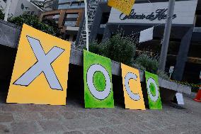 Residents Of The Town Of Xoco In Coyoacán, Mexico City, Protest Outside The Mitikah Shopping Mall