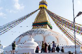 Tourists At Boudhanath Stupa, Kathmandu, Nepal.