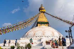 Tourists At Boudhanath Stupa, Kathmandu, Nepal.