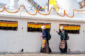 Tourists At Boudhanath Stupa, Kathmandu, Nepal.