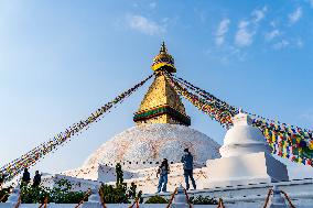 Tourists At Boudhanath Stupa, Kathmandu, Nepal.