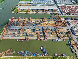 Ships Transporting Containers at Chongxian Port in Hangzhou