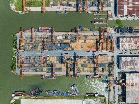 Ships Transporting Containers at Chongxian Port in Hangzhou