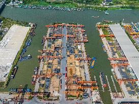 Ships Transporting Containers at Chongxian Port in Hangzhou