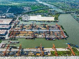 Ships Transporting Containers at Chongxian Port in Hangzhou