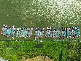 Ships Transporting Containers at Chongxian Port in Hangzhou