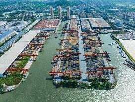 Ships Transporting Containers at Chongxian Port in Hangzhou