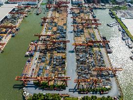 Ships Transporting Containers at Chongxian Port in Hangzhou