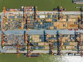 Ships Transporting Containers at Chongxian Port in Hangzhou