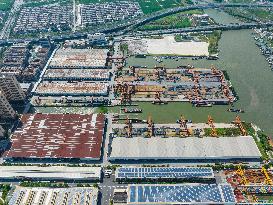 Ships Transporting Containers at Chongxian Port in Hangzhou