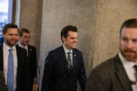 Senators Walk Past Reporters In Capitol - Washington