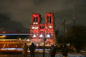 Notre-Dame Illuminated In Red - Paris