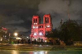 Notre-Dame Illuminated In Red - Paris