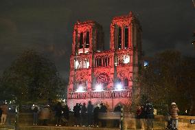 Notre-Dame Illuminated In Red - Paris