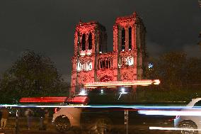 Notre-Dame Illuminated In Red - Paris