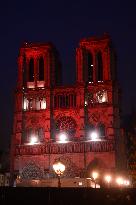 Notre-Dame Illuminated In Red - Paris