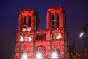 Notre-Dame Illuminated In Red - Paris