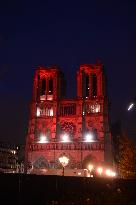 Notre-Dame Illuminated In Red - Paris