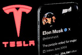 Elon Musk’s X Profile With Tesla’s Logo In The Background