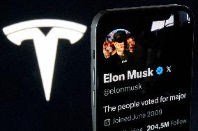 Elon Musk’s X Profile With Tesla’s Logo In The Background