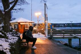 Snowy Evening At Lake Starnberg In Bavaria