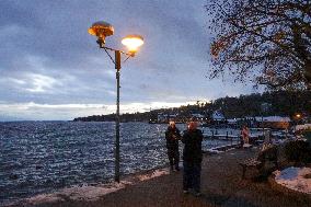 Snowy Evening At Lake Starnberg In Bavaria