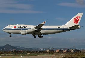 An Air China Boeing 747 lands in Barcelona carrying the President of the National Assembly of China