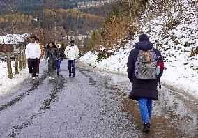 Exploring Bavaria’s Scenic Winter Landscape With Companions And A French Bulldog In A Stylish Transparent Backpack