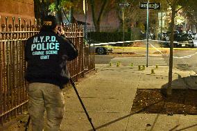 NYPD Crime Scene Unit Placed Evidence Markers At Scene Where A Man Was Killed And Another Man Was Injured In Bed-Stuy Brooklyn N