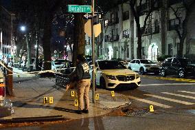 NYPD Crime Scene Unit Placed Evidence Markers At Scene Where A Man Was Killed And Another Man Was Injured In Bed-Stuy Brooklyn N