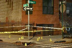 NYPD Crime Scene Unit Placed Evidence Markers At Scene Where A Man Was Killed And Another Man Was Injured In Bed-Stuy Brooklyn N