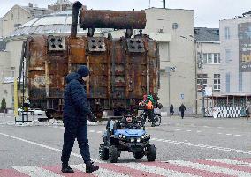 Power transformer destroyed by Russian shelling on Kontraktova Square