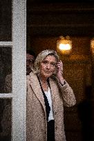 Marine Le Pen Leaves A Meeting With PM Barnier - Paris