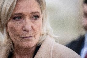 Marine Le Pen Leaves A Meeting With PM Barnier - Paris