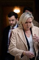 Marine Le Pen Leaves A Meeting With PM Barnier - Paris